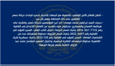 كشف قيادات حركة “حسم” المسؤولة عن المخطط الإرهابي