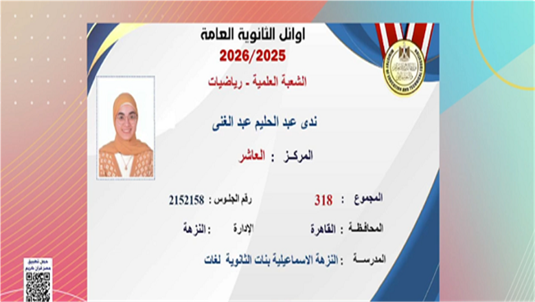 العاشرة علمي رياضة بالثانوية العامة: لم أكن أتوقع أن أكون بين الأوائل