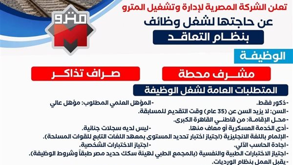 وظائف شاغرة بمترو الانفاق تعرف على التفاصيل