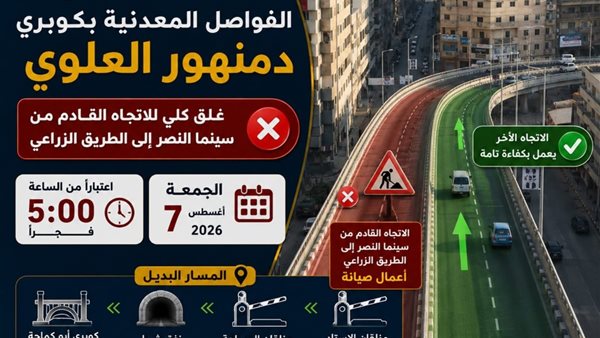 غلق جزئي لكوبري دمنهور فجر الجمعة لاستكمال أعمال الصيانة، والدقهلية تعلن الطرق البديلة