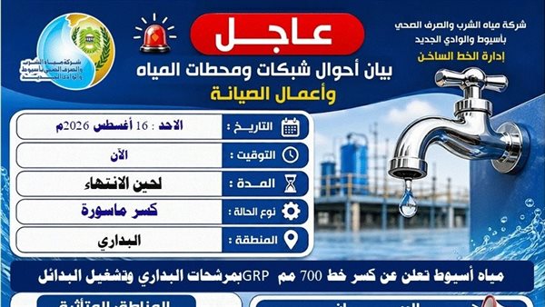 انقطاع المياه بالبداري في أسيوط بسبب كسر خط رئيسي